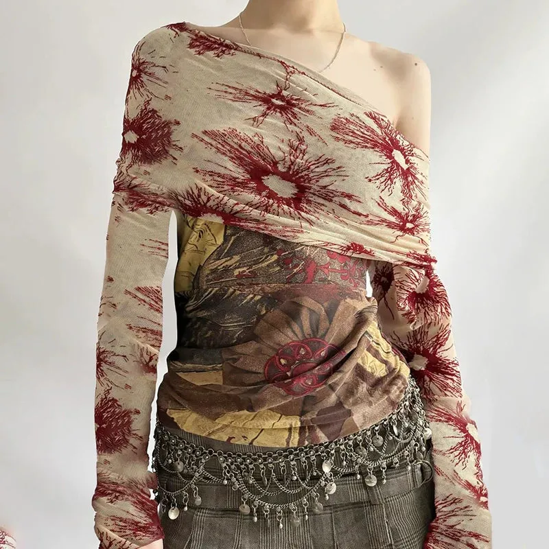 Callista One-Shoulder Abstract Mesh Top