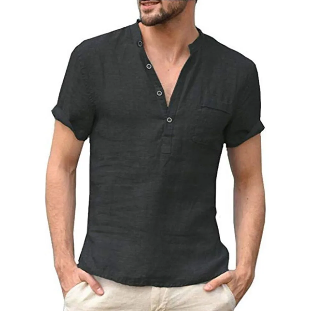 Summer Men's Short-Sleeved Cotton Linen T-shirt Breathable S-3XL