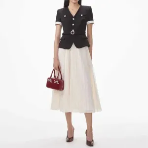 Trend4us Women's Chic Belted Blazer Midi Skirt Set